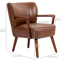 HOMCOM Accent Chair, Modern Armchair, Faux Leather Upholstered Living Room Chair with Wood Legs and Wide Padded Seat, Brown(m-3)