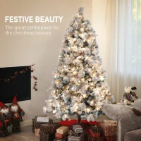 HOMCOM 6.5 ft Prelit Flocked Artificial Christmas Tree with 350 Clear Lights, 1107 Tips, Metal Stand for Home Office Holiday(m-4)