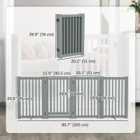 PawHut 4 Panel Free Standing Wooden Pet Gate with Open Door Light Grey(m-3)