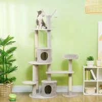 PawHut 73.5" Cat Tree Tower with Scratching Posts, Condos, Bed, Multi-Level Platforms, Toy Balls, for Indoor Cats, Light Grey(m-1)