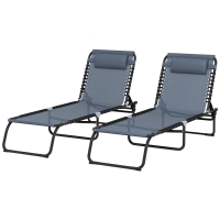 Outsunny 2 Folding Chaise Lounge Pool Chairs with 4-Position Reclining Back, Pillow, Breathable Mesh & Bungee Seat, Gray