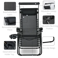 Outsunny 2 Piece Foldable Lounge Chair with Canopy Shade, Outdoor Zero Gravity Chair w/ Side Tray & Cup Holder, Reclining Lounger w/ Breathable Mesh Fabric Seat, Pillow, Black(m-5)