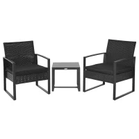 Outsunny 3 Pieces Wicker Patio Furniture Set, Rattan Bistro Set with Glass Top Coffee Table and Cushions, Outdoor Conversation Set for Garden, Porch, Balcony, Black(m-2)
