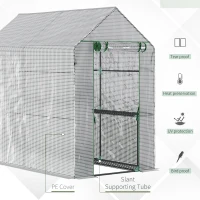 Outsunny 73" x 47" x 75" Walk-in Greenhouse Outdoor Portable Plant Flower Growth Warm House Garden Tunnel Shed with Roll-up Door and 4 Shelves, White(m-4)