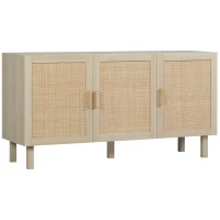 HOMCOM Boho Kitchen Cabinet, Buffet Cabinet with 3 Rattan Doors and Adjustable Shelves for Dining Room, Natural(m-1)