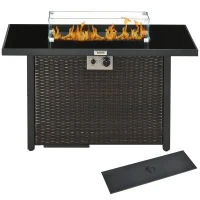 Outsunny Propane Fire Pit Table 43" Outdoor Fire Table, 50,000 BTU Pulse-Ignition Wicker Firepit Furniture with Glass Wind Guard, Blue Glass Rock, CSA Certification, Coffee(m-10)