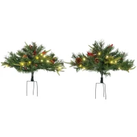 HOMCOM 2 Ft/22 inch 2 Pack Prelit Artificial Christmas Tree Cordless with 69 Branches, Warm White LED Lights, Red Berries, Pine Cones, for Outdoor Entryway, Green(m-11)
