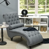 HOMCOM Button Tufted Chaise Lounge Chair Indoor Upholstered Lounge Chair with Bolster Pillow Wood Legs Nailhead Trim for Living Room Bedroom Home Office Grey(m-1)