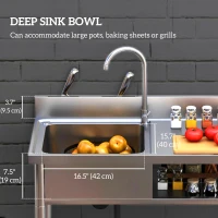 HOMCOM Stainless Steel Outdoor Utility Sink with Cold and Hot Water Pipe and Double Storage Shelves for Laundry Garage(m-4)