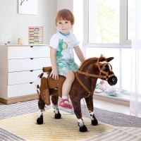 Qaba Standing Ride on Horse, Plush Pony Toy for Kids with Neighing Sound, Soft Padding, for Cowboy Cowgirl Aged 3-8 Years Old, Brown