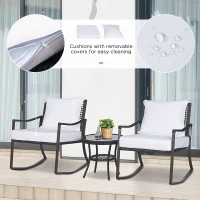 Outsunny 3 Piece Patio Rocking Bistro Set, Outdoor PE Rattan Wicker Rocking Chairs with Cushioned, Pillows, Two-Tier Glass Storage Shelf Coffee Table, Cream White(m-7)
