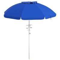 Outsunny 5.7' Beach Umbrella for Travel with Tilt, Adjustable Height, 2 Cup Holders, Hooks, Vent, Ruffles, Sapphire Blue(m-1)