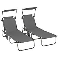 Outsunny 2 Piece Folding Outdoor Chaise Lounges, Pool Tanning Chairs with Reclining Back, Sunshade for Beach, Patio, Dark Grey(m-11)