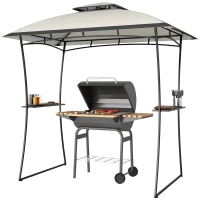 Outsunny 8' x 5' Outdoor Grill Gazebo, Double Tiered Barbecue Grill Gazebo Shelter with 2 Side Shelves and Hook, Light Grey(m-2)