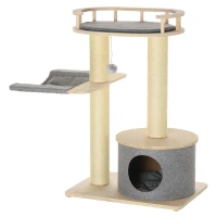 PawHut 35" Cat Tree, Kitty Activity Centre, Wooden Cat Climbing Toy, Cat Tower with Cat Bed Hammock Condo Washable Cushion Hanging Ball Toy Sisal Scratching Post, Natural(m-11)