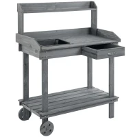 Outsunny 36" Wooden Potting Bench Work Table with 2 Removable Wheels, Sink, Drawer & Large Storage Spaces, Gray(m-2)