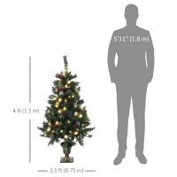 HOMCOM 4FT Pre-Lit Decorated Christmas Tree with Red Berries and Pine Cones Snow Flocked Christmas Tree with LED Lights Green(m-3)