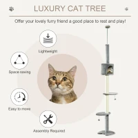 PawHut 4-Tier Floor to Ceiling Cat Tree, Tall Cat Tower with Scratching Post, Plush Padding, Toy Ball, Cat Condo for Indoor Cats, Light Grey(m-4)