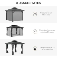 Outsunny 10' x 10' Metal Hardtop Gazebo with Mesh & Curtains, Double Roof, Gray(m-7)