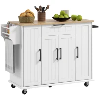 HOMCOM Modern Rolling Kitchen Island Cart with Drawers, Natural Wood Top, Towel Rack, Door Storage Cabinet, White(m-11)