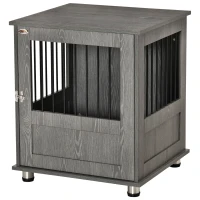PawHut Dog Crate Furniture, Wooden End Table Furniture with Lockable Magnetic Doors, Small Size Pet Kennel Indoor Animal Cage, Gray(m-11)