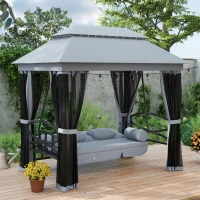 Outsunny 3-Seat Patio Swing Chair, Outdoor Gazebo Swing with Double Tier Canopy, Mesh Sidewalls, Cushioned Seat and Pillows, Gray(m-2)