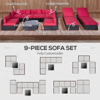 Outsunny 9 Pieces Wicker Patio Furniture Set with Cushion, PE Rattan Outdoor Conversation Set Sectional Sofa Set with 2 Loungers and Glass Tabletop, Aluminum Frame, Coffee & Red(m-6)