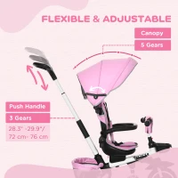 Aosom 6-in-1 Toddler Tricycle for 12-50 Months, Foldable Kids Trike with Adjustable Seat and Push Handle, Safety Harness, Removable Canopy, Footrest, Pink(m-6)
