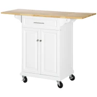 HOMCOM Kitchen Island with Drop Leaf Trolley Cart on Wheels Drawer Cabinet Towel Racks Versatile Use Natural Wood Top and White(m-11)