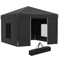 Outsunny 9.7' x 9.7' Pop Up Canopy with Sidewalls, Portable Canopy Tent with 2 Mesh Windows, Reflective Strips, Carry Bag, Black(m-11)