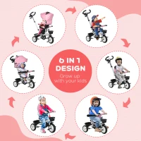 Qaba 6 in 1 Toddler Tricycle with Parent Push Handle, Canopy, Storage Baskets, Cupholder, Pink(m-4)