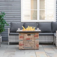 Outsunny 32 Inch Outdoor Propane Gas Fire Pit Table, 50,000 BTU Auto-Ignition Square Faux Ledge Stone Gas Firepit with Lava Rocks and Rain Cover, CSA Certification, Brown(m-10)