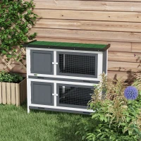 PawHut Wood Rabbit Hutch with 2 Large Main House, Ramp, Trays, Grey(m-9)
