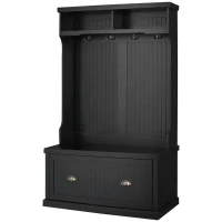 HOMCOM Entryway Bench with Coat Rack, 4 Double Hooks and 2 Compartments, Hall Tree with Bench and Shoe Storage for Hallway, Living Room, Black(m-11)