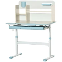 Qaba Wooden Kids Study Desk, Height Adjustable Children School Study Table, Student Writing Desk with Tilt Desktop, Drawer, Storage Shelf, Pen Holder, Blue(m-11)