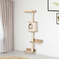 PawHut Cat Tree Pet Wall-mounted Climbing Frame Shelf Kitten Perch Activity Center Condo Bed Scratching Post Light Brown(m-8)