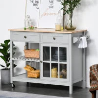 HOMCOM Kitchen Cart on Wheels, Utility Storage Island with Rubber Wood Top, Towel Rack, Cabinets, Drawers, Gray(m-8)