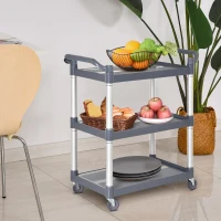 HOMCOM 3-Tier Utility Cart Large Rolling Storage Trolley with 3 Shelves Metal Clean Service Cart, Restaurant, Hotel, Livingroom, Silver and Grey(m-8)