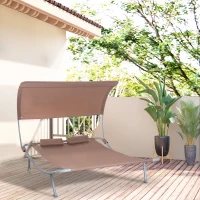 Outsunny 79" Outdoor Lounge Chair with Canopy, Double Chaise Lounger Hammock Bed w/ Pillow and Wheels, Brown(m-1)