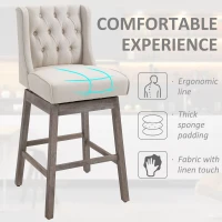 HOMCOM Bar Height Bar Stools Set of 2, 180 Degree Swivel Barstools with Solid Wood Footrests and Button Tufted Design, 30" Seat Height Bar Chairs for Kitchen Island, Beige(m-4)