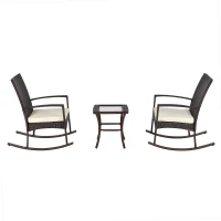 Outsunny 3 Pieces Patio Wicker Rocking Chair Set,  Outdoor PE Rattan Bistro Set Conversation Rocker Set with 2 Chairs 1 Coffee Table for Backyard, Deck, Poolside, Cream White(m-11)