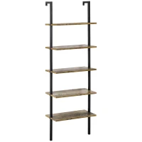 HOMCOM Industrial Wall Mounted Ladder 5-Tier Bookshelf, Brown(m-1)