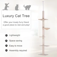 PawHut 102" Adjustable Height Floor to Ceiling Cat Tree, 5 Level Cat Tower with Scratching Posts, Hammock, Beige(m-4)