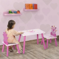 Qaba 3-Piece Set Kids Wooden Table Chair with Crown Pattern Easy to Clean Gift for Girls Toddlers Age 2-4 Years Old Pink(m-1)