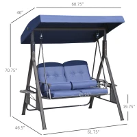 Outsunny 2-Person Patio Swing Bench with Adjustable Shade Canopy, Soft Cushions, Throw Pillows and Tray, Dark Blue(m-3)
