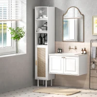 HOMCOM Tall Bathroom Cabinet with Rattan Doors, Freestanding Bathroom Storage Cabinet with Adjustable Shelves, White(m-2)