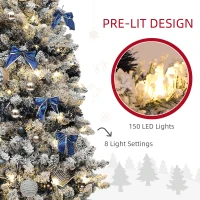 HOMCOM 6ft Prelit Artificial Christmas Tree with Blue Ornaments, Flocked Christmas Tree with LED Lights for Home Office(m-5)