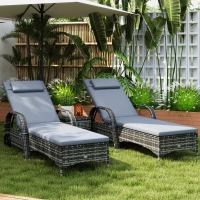 Outsunny Patio Wicker Chaise Lounge Chair Set of 2 with Table, Adjustable Backrest, Wheels, Cushion & Headrest, Gray(m-10)