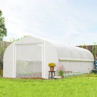 Outsunny 19.5' x 10' x 6.6' Tunnel Greenhouse Outdoor Green House with Roll-up Mesh Sidewalls, Mesh Door, Galvanized Steel, White(m-8)