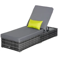 Outsunny Patio Wicker Lounger, Outdoor PE Rattan Single Chaise Lounge w/Adjustable Recliner Backrest, Cushion, & Pillow, Grey(m-11)